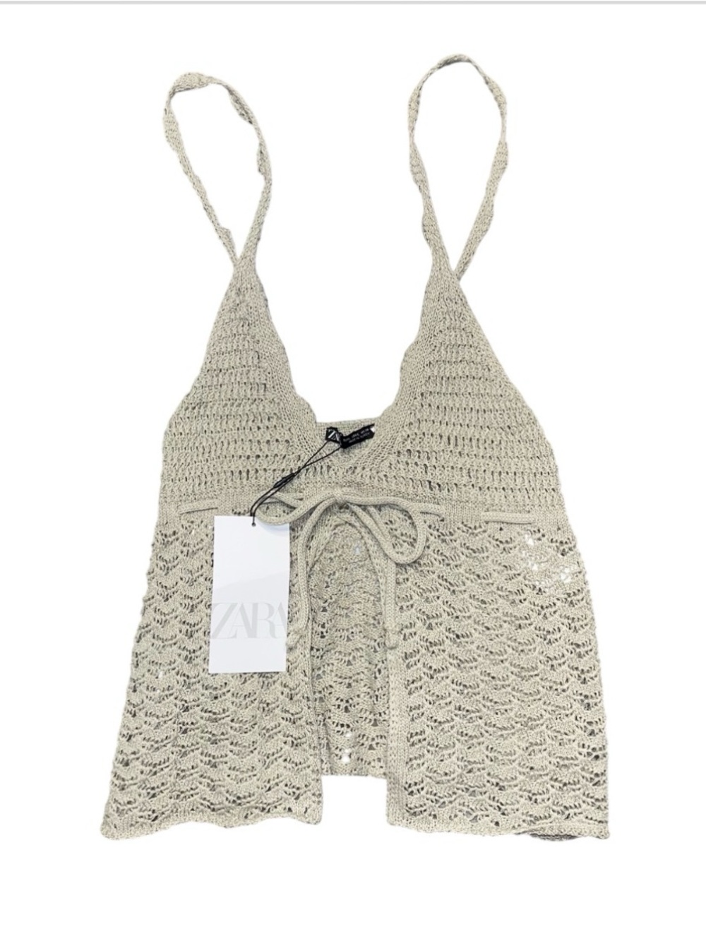 Zara Olive Green  Crochet Swing Tank Top Tie V Neck Open Large NWT Boho Festival